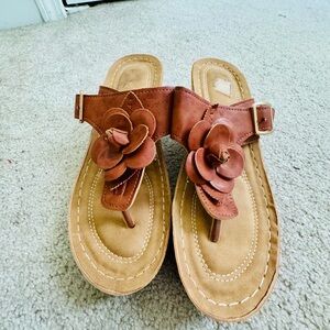 Tan Brown Floral Sandals with Ankle Strap